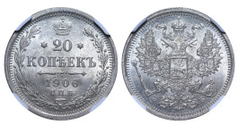 Russian Empire, Nicholas II (1894 - 1917). 20 Kopeks 1906, Silver, 3.6 gr, Y#22a, Bitkin 106, MS 64, 6637062-020