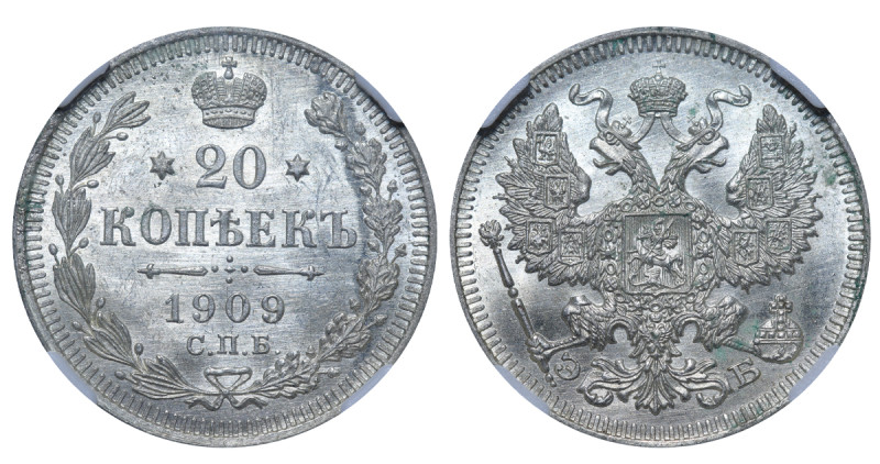 Russian Empire, Nicholas II (1894 - 1917). 20 Kopeks 1909, Silver, 3.6 gr, Y#22a...