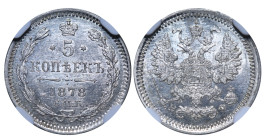 Russian Empire, Alexander II (1854 - 1881). 5 Kopeks 1878, Silver, 0.9 gr, Y#19a, Bitkin 281