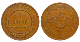 Russian Empire, Nicholas II (1894 - 1917). 1 Kopek 1908, Copper, 3,3 gr, Y#9, Bitkin 255