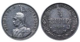 Germany East Africa, Wilhelm II (1888 - 1918). 1/4 Rupie 1907, Silver, 2.92 gr, KM#8