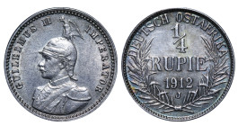Germany East Africa, Wilhelm II (1888 - 1918). 1/4 Rupie 1912, Silver, 2.92 gr, KM#8