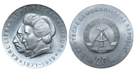Germany, Willy Brandt (1969 - 1974). 20 Mark 1971, Silver, 20.9 gr, KM#32, 100th Anniversary of Birth of Liebknecht & Rosa Luxemburg