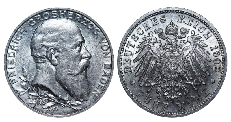 Germany, Frederick I (1856 - 1907). 5 Mark 1902, Silver, 27.77 gr, KM#273, 50th ...