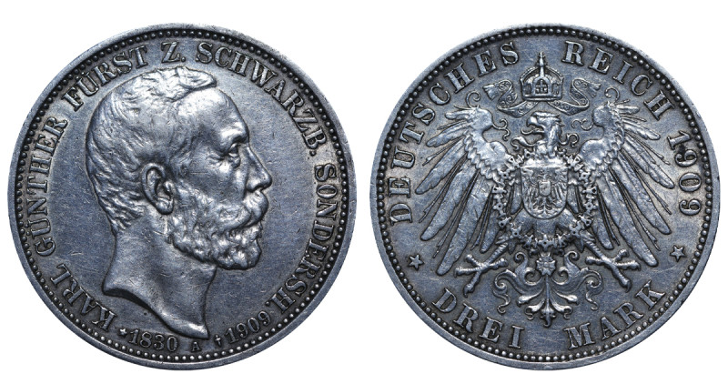 Germany, Charles Günther (1880 - 1909). 3 Mark 1909, Silver, 16.67 gr, KM#154, D...