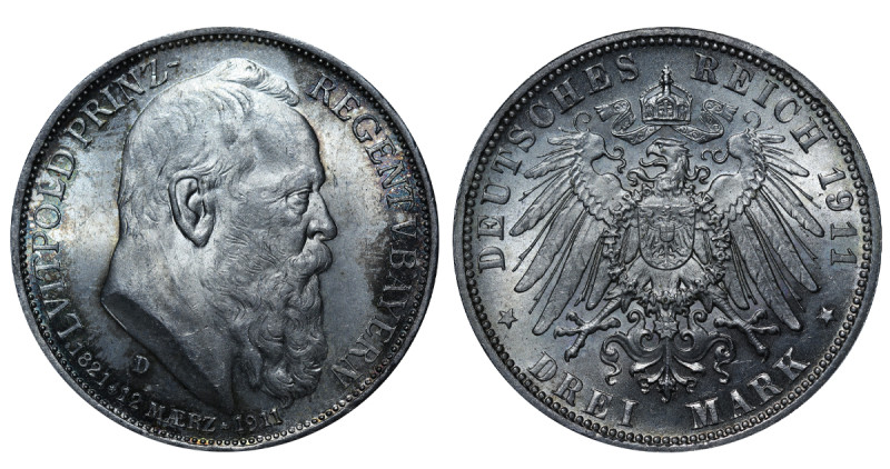 Germany, Luitpold (1886 - 1912). 3 Mark 1911, Silver, 16.67 gr, KM#998, 90th Bir...