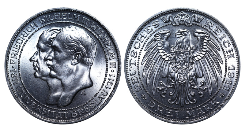 Germany, Wilhelm II (1888 - 1918). 3 Mark 1911, Silver, 11.11 gr, KM#531, 100th ...