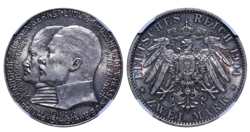 Germany, Hesse-Darmstadt, Wilhelm II (1888 - 1918). 2 Mark 1904, Silver, 11.11 g...