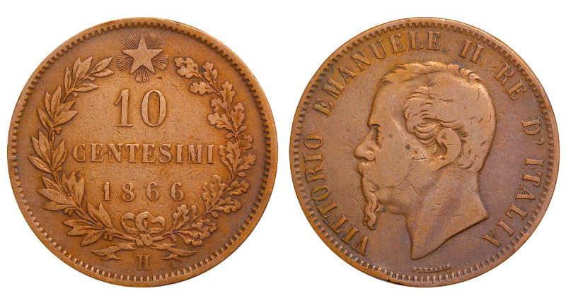 Italy, Victor Emmanuel II (1861 - 1878). 10 Centesimi 1866, Bronze, 10 gr, KM#11