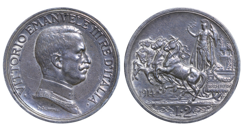 Italy, Victor Emmanuel II (1861 - 1878). 2 Lire 1914, Silver, 10 gr, KM#55