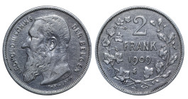 Belgium, Leopold II (1865 - 1909). 2 Francs 1909, Silver, 10 gr, KM#59