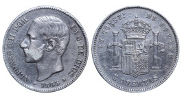 Spain, Alfonso XII (1874 - 1885). 5 Pesetas 1885, Silver, 25 gr, KM# 688