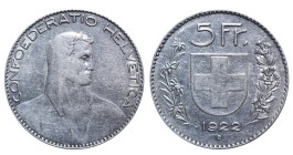 Switzerland, Robert Haab (1922 - 1922). 5 Francs 1922, Silver, 25 gr, Y# 34