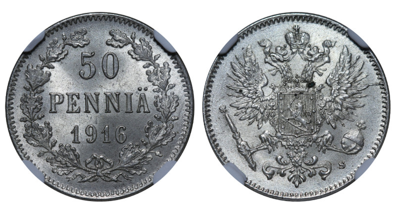 Finland, Nicholas II (1895 - 1917). 50 Pennia 1916, Silver, 2,55 gr, KM#2.2, MS ...