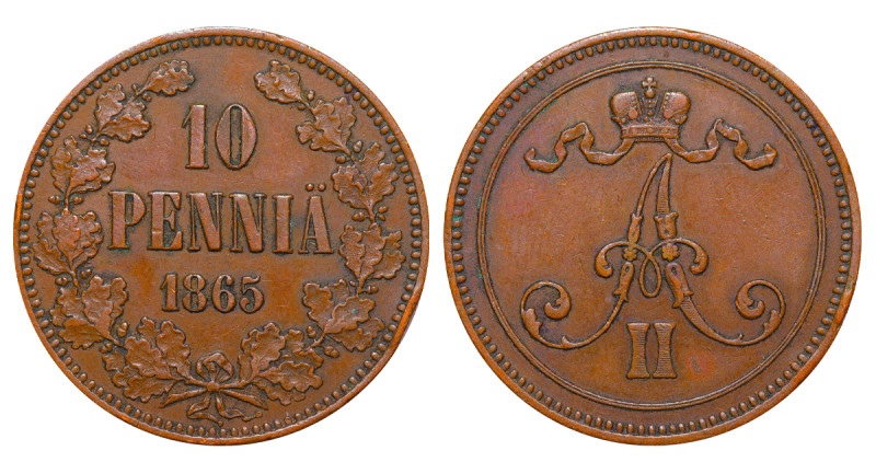 Finland, Alexander II (1855 - 1881). 10 Pennia 1865, Cooper, 12,8 gr, KM#5, Bitk...