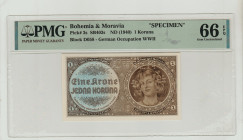 Bohemia&Moravia, Emil Hacha (1939 - 1945). 1 Koruna ND (1940), Pick#3s, SB403s, Block D058, 66 Gem Uncirculated, "Specimen", 2272116-019