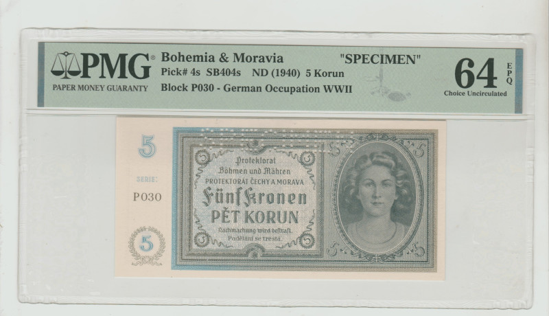 Bohemia&Moravia, Emil Hacha (1939 - 1945). 5 Korun ND (1940), Pick#4s, SB404s, B...