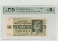 Bohemia&Moravia, Emil Hacha (1939 - 1945). 20 Korun, 1944, Pick#9s, SB406s, S/N S.09G 154663 - German Occupation WWII, 66 Gem Uncirculated, "Specimen"...