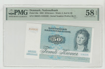 Denmark, Marrethe II (1972 - Present). Nationalbank, 50 kroner 1980, Pick#50e, Wmk: J.Juel & 50, S/N C0822N 8185220 - Serial Number Prefix C0-C1, 58 C...