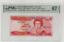 East Caribbean States/St. Lucia, Elizabeth II (1952 - 2022). 1 Dollar - Suffix Letter "L", Pick#171, ND (1985-88), S/N B671382L - Printer:TDLR - W/out...