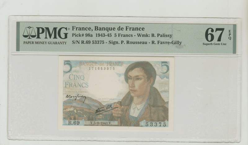 France, Philippe Petain (1940 - 1944). 5 Francs 1943-45, Banque de France, Wmk: ...