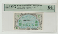 Japan, Hirohito (1926 - 1989). 10 Yen ND (1945), Allied Military Currency WWII, Pick#71, SB265, S/N A06401010A - "B" in Unpt, 64 Choice Uncirculated, ...