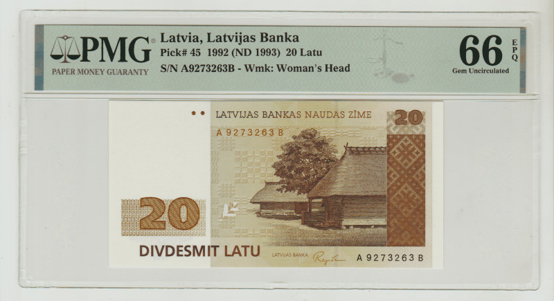 Latvia, Anatolijs Gorbunovs (1991 - 1993). 20 Latu 1992 (ND 1993), Latvijas Bank...