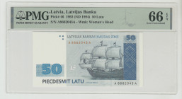 Latvia, Anatolijs Gorbunovs (1991 - 1993). 50 Latu 1992 (ND 1994), Latvijas Banka, Pick#46, S/N A8662043A - Wmk: Woman's Head, 66 Gem Uncirculated, 19...