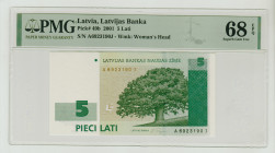 Latvia, Vaira Vike-Freiberga (1999 - 2007). 5 Lati 2001, Latvijas Banka, Pick#49b, S/N A6923190J - Wmk: Woman's Head, 68 Superb Gem Unc, 1912717-025