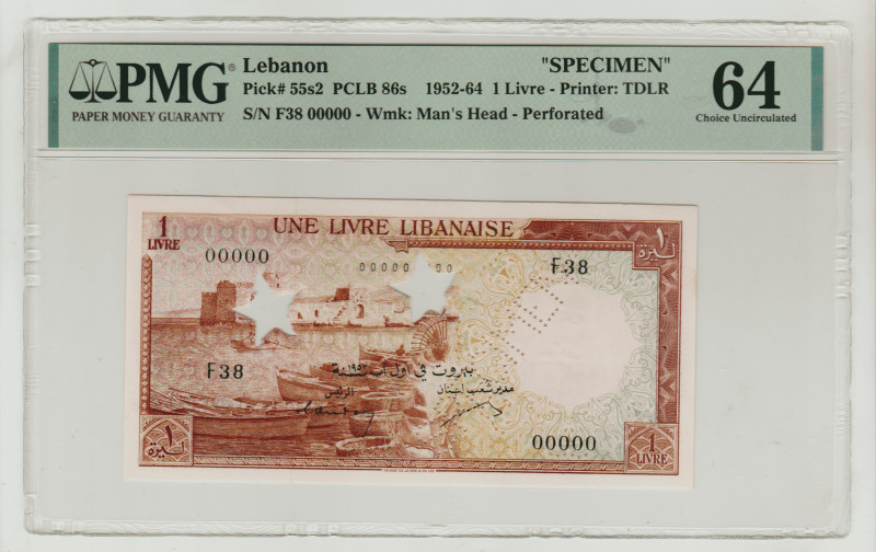 Lebanon, Camille Chaumoun (1952 - 1958). 1 Livre 1952-64, "Specimen", Pick#55s2,...