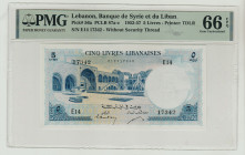 Lebanon, Camille Chaumoun (1952 - 1958). 5 Livres 1952-57, Banque de Syrie et du Liban, Pick#56a, PLCB 87a-c, Printer: TDLR, S/N E14 17342 - Without S...