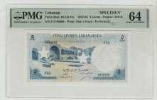 Lebanon, Camille Chaumoun (1952 - 1958). 5 Livres 1952-64,"Specimen" Pick#56s2, PLCB 87s, Printer: TDLR, S/N F13 00000 - Wmk: Man's Head - Perforated,...