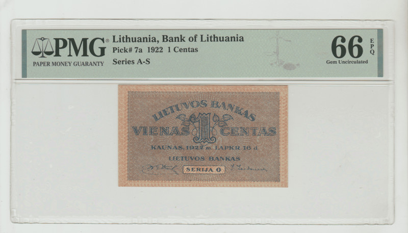 Lithuania, Aleksandras Stulginskis (1919 - 1926). 1 Centas 1922, Bank of Lithian...