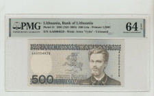 Lithuania, Vytautas Landsbergis (1990 - 1993). 500 Litu, 1991 (ND 1993), Bank of Lathuania, Pick#51, Printer: USBC, S/N AA0004829, Wmk: Arms "Vytis", ...