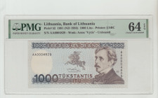 Lithuania, Vytautas Landsbergis (1990 - 1993). 1000 Litu, 1991 (ND 1993), Bank of Lathuania, Pick#52, Printer: USBC, S/N AA0004829, Wmk: Arms "Vytis",...