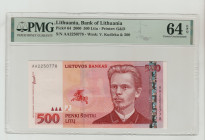 Lithuania, Valdas Adamkus (1998 - 2003). 500 Litu, 2000, Bank of Lathuania, Pick#64, Printer: G$D, S/N AA2250778 - Wmk: V Kudirka & 500, 64 Choice Unc...
