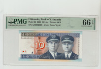 Lithuania, Valdas Adamkus (1998 - 2003). 10 Litu, 2001, Bank of Lathuania, Pick#65, Printer: OFZ, S/N AA9062023 - Wmk: Arms "Vytis", 66 Gem Uncirculat...