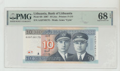 Lithuania, Valdas Adamkus (2004 - 2009). 10 Litu, 2001, Bank of Lathuania, Pick#68, Printer: F-CO, S/N AA9748175 - Wmk: Arms "Vytis", 68 Superb Gem Un...