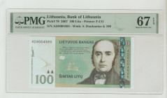 Lithuania, Valdas Adamkus (2004 - 2009). 100 Litu, 2007, Bank of Lathuania, Pick#70, Printer: F-CO, S/N AD8004595 - Wmk: S. Daukantas & 100, 67 Superb...