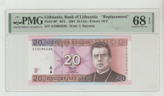 Lithuania, Valdas Adamkus (1998 - 2003). 20 Litu, 2001, Bank of Lathuania, Pick#66*, RF3, Printer: OFZ, S/N AZ0096596 - Wmk: J. Maironis, 68 Superb Ge...