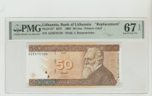 Lithuania, Valdas Adamkus (1998 - 2003). 50 Litu, 2001, Bank of Lathuania, Pick#67*, RH7, Printer: G&D, S/N AZ6570189 - Wmk: J. Basanavicius, 67 Super...