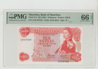 Mauritius, Elizabeth II (1952 - 2022). 10 Rupees, ND (1967), bank of Mauritius, Pick#31c, Printer:TDLR, S/N A/32 975705 - Wmk: Dodo Bird - Sign. #4, 6...