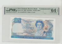 New Zealand, Elizabeth II (1952 - 2022). 10 Dollars, 1990, Reserve Bank, Pick#176, Printer: BWC, S/N AAA072753 - Wmk: J. Cook, 64 Choice Uncirculated,...