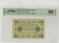 Russia, Vladimir Lenin (1917 - 1924). 3 Rubles, 1918, State Treasury Note, Pick#87, Block AA-059, Wmk: Value Repeated, 66 Gem Uncirculated, 1912726-00...