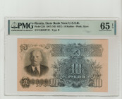 Russia, Joseph Stalin (1928 - 1953). 10 Rubles, 1947 ND (1957), State Treasury Note, Pick#226, Wmk: Stars, S/N EK083743 - Type II, 65 Gem Uncirculated...