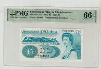 Saint Helena, Elizabeth II (1952 - 2022). British Administration, 5 Pound ND (1988), Pick#11a, S/N H/1 237895 - Government of St. Helena, 66 Gem Uncir...