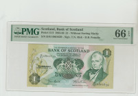 Scotland, Elizabeth II (1952 - 2022). 1 Pound 1983-86, Bank of Scotland, Pick#111f, S/N D/81 0801639 - Sign. T.N.Risk - D.B. Pattullo, 66 Gem Uncircul...