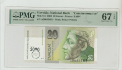 Slovakis, Rudolf Schuster (1999 - 2004). 20 Korun 2000 - Printer: BANB, National Bank "Commemorative", Pick#34, S/N A00055883 - Wmk: Prince Pribina, 6...