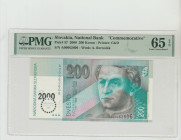 Slovakis, Rudolf Schuster (1999 - 2004). 200 Korun 2000 - Printer: G&D, Pick#37 National Bank "Commemorative", S/N A00062606 - Wmk: A. Bernolak, 65 Ge...