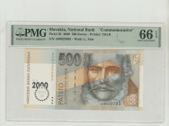 Slovakis, Rudolf Schuster (1999 - 2004). 500 Korun 2000 - Printer: TDLR, Pick#38 National Bank "Commemorative", S/N A00025095 - Wmk: L. Stur, 66 Gem U...